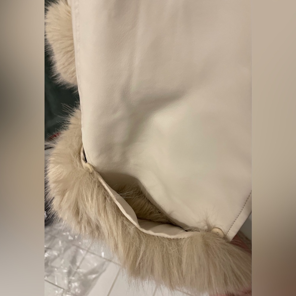 New Size Large Faux Leather Long Coat with Faux Fur Removable Trim, light beige - Picture 9 of 16
